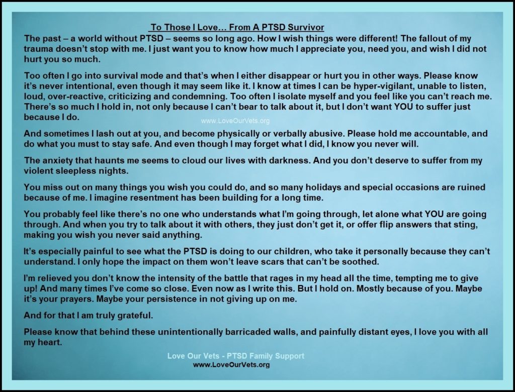 To Those I Love ~ From a PTSD Survivor - Love Our Vets, Welby O'Brien ...